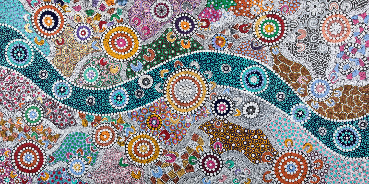 These Wiradjuri Art standard sized coffee mugs come printed with the Wiradjuri River People artwork. The mug can be purchased in the colour options of blue, pink, yellow or black for the handle and inside. Indigenous Art Aboriginal Art First Nations Art