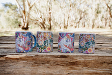 Load image into Gallery viewer, These Wiradjuri Art standard sized coffee mugs come printed with the Wiradjuri River People artwork. The mug can be purchased in the colour options of blue, pink, yellow or black for the handle and inside. Indigenous Art Aboriginal Art First Nations Art
