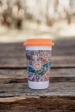 Load image into Gallery viewer, These Wiradjuri Art ceramic Keep Cups / Travel Mugs come printed with the Wiradjuri River People artwork. Cups are sold individually with the lid colour of your choice. There are three lid colours available - Blue, Pink and Orange. Indigenous Art Aboriginal Art First Nations Art

