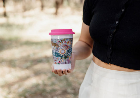 Ceramic Keep Cup / Travel  Mug - Wiradjuri River People (various colour silicone lids)