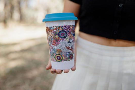 Ceramic Keep Cup / Travel  Mug - Kangaroo Dreaming (various colour silicone lids)