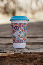 Load image into Gallery viewer, These Wiradjuri Art ceramic Keep Cups / Travel Mugs come printed with the Kangaroo Dreaming 2 artwork. Cups are sold individually with the lid colour of your choice. There are three lid colours available - Blue, Pink and Orange. Indigenous Art Aboriginal Art First Nations Art
